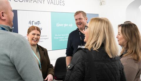 Happy, smiling group of men and women in office