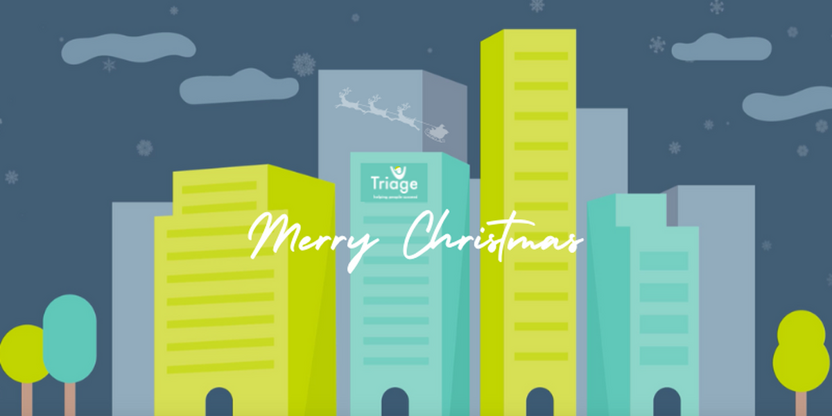 City landscape with the words 'merry Christmas' in Triage brand colours