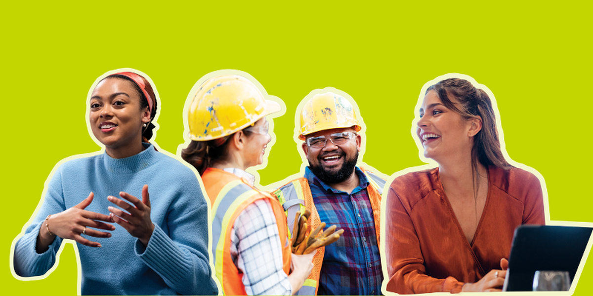 Outline of four different people, one woman wearing a below jumper is using her hands to talk, the middle man and woman are engaging in conversation while wearing high-vis vests and hard hats, the final woman is using her laptop and smiling.