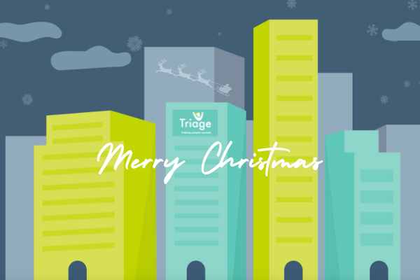 City landscape with the words 'merry Christmas' in Triage brand colours