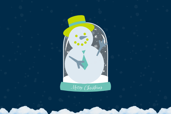 Snowman on a navy snowy background in a snow globe