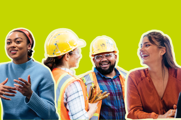 Outline of four different people, one woman wearing a below jumper is using her hands to talk, the middle man and woman are engaging in conversation while wearing high-vis vests and hard hats, the final woman is using her laptop and smiling.